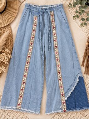 New POL Floral Embroidered Striped Denim Wide-Leg Pants Small
